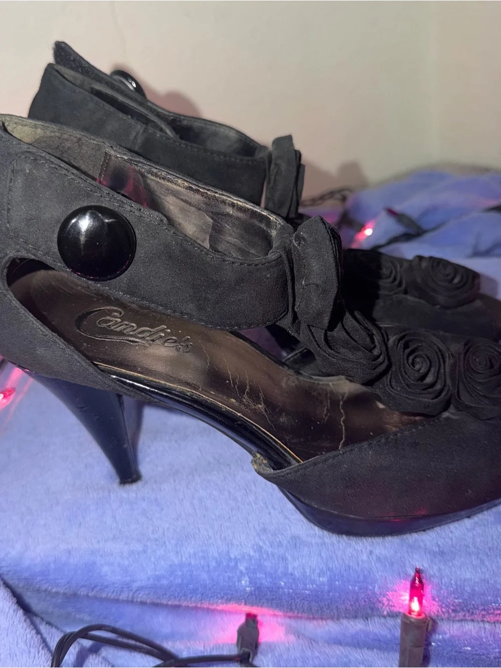 Candie's Black Peep-Toe Heels with Rosette Trim